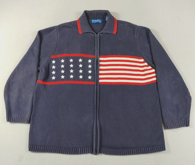 Karen Scott Sweater Womens 1X Blue Flag Stripe Full Zip Mock Neck USA Patriotic