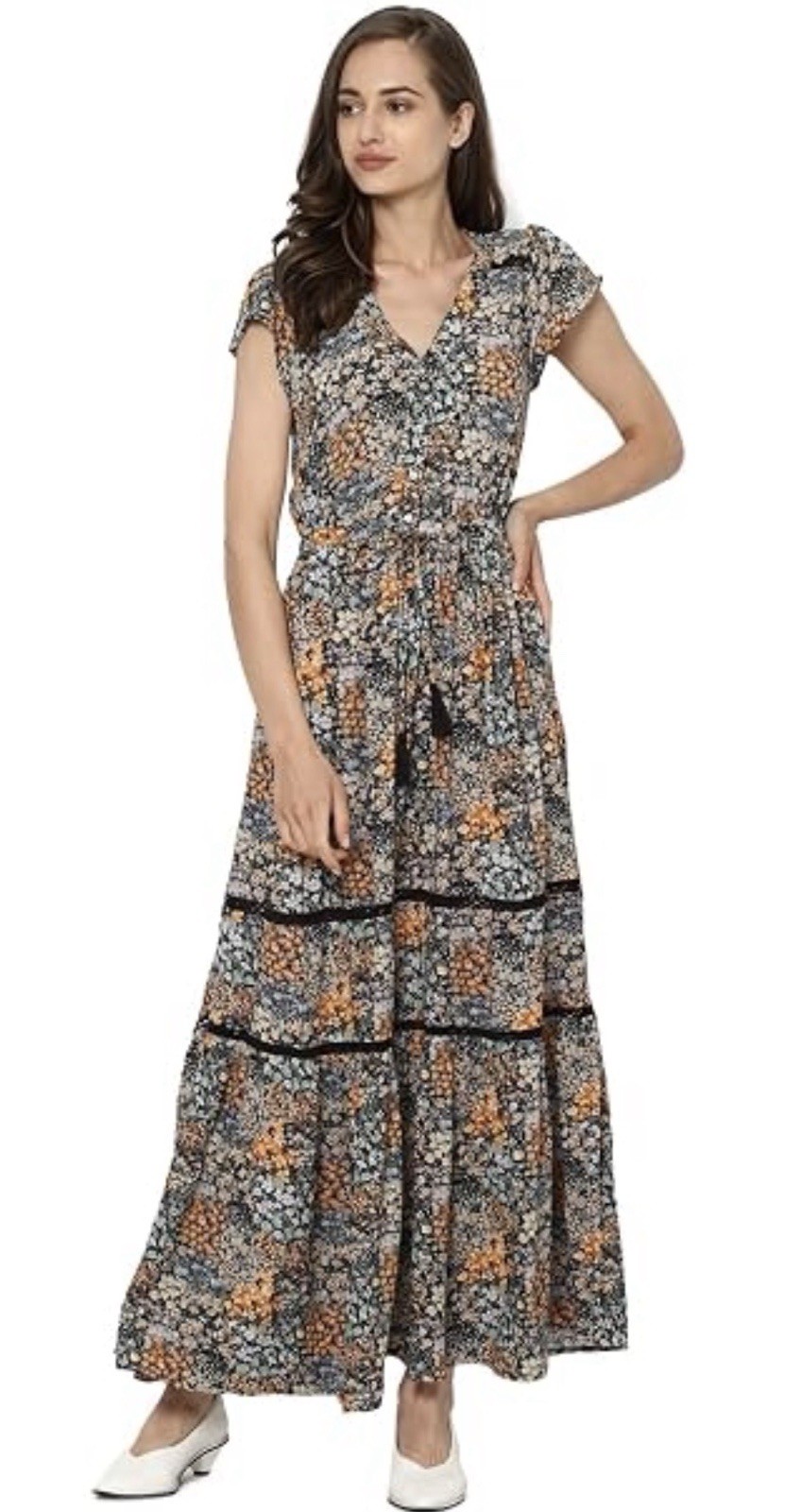 American Eagle Lace Tiered Floral Maxi Dress Women’s Sz S Boho Prairie Cottage
