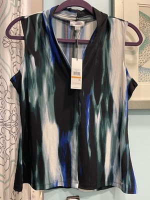 NWT Calvin Klein Women's Sleeveless Blouse Top Sz S Stretch Blue Black Abstract