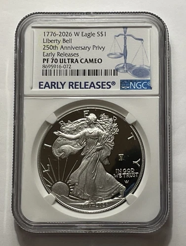 250th Anniversary Privy Liberty Bell 2026-W American Silver Eagle ER NGC PF70 UC
