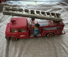 Vintage Tin Fire Truck Ladder Toy w/ 2 Fireman Figures, Age 17 Adult