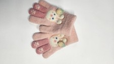 Girls Pink Knit Gloves Bear Animal Print Winter Acrylic One Size