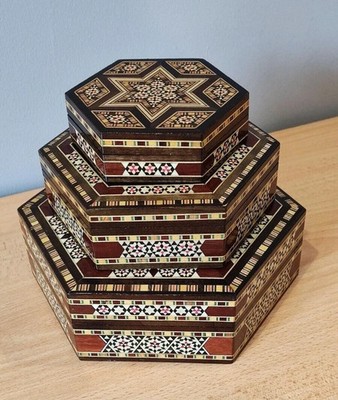 Deko-Aufbewahrungsboxen 3er Set Vintage aus Holz mit Intarsien