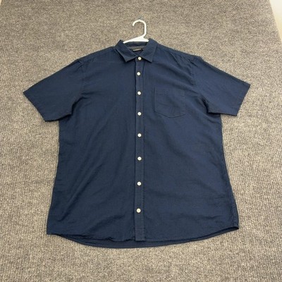 LIVERGY Button Up Shirt Mens L Navy Blue Linen Blend Short Sleeve Casual Summer