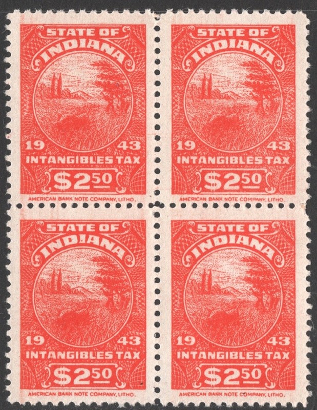 SRS IN D89 $2.50 Indiana Intangible Tax Revenue Block of Four (1943) MNH