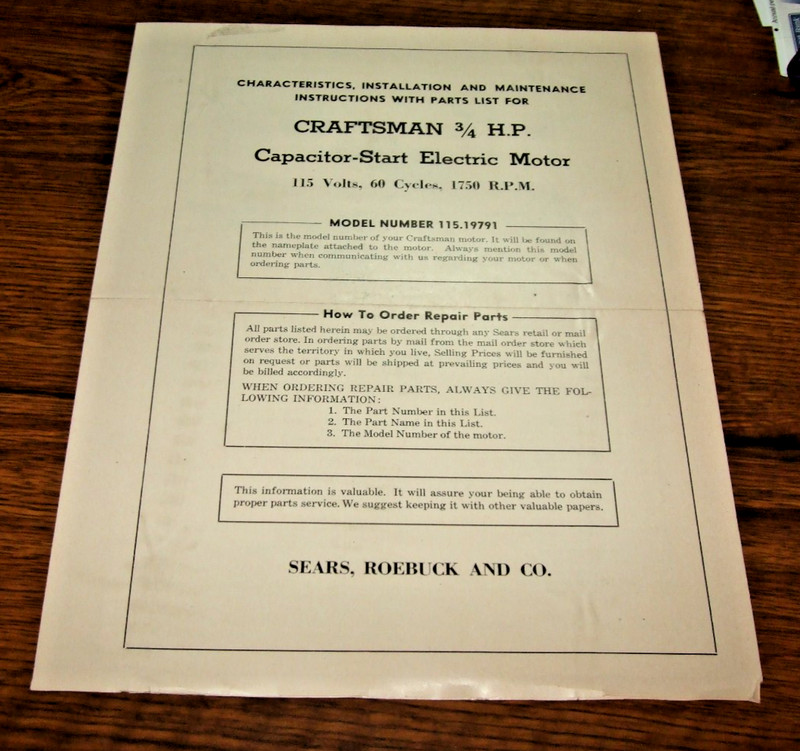 CRAFTSMAN 3/4 H.P.  Capacitor-Start Electric Motor 115.19791 Instructions Parts