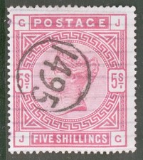 1883 5/- Rose  SG 180 J.C.   A Fine Used example cancelled by a 1495 Telegraph
