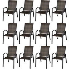 Patiojoy Set of 12 Patio Rattan Dining Chairs Stackable Armrest Garden Mix Brown