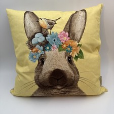 Spring Easter Sofa Throw Pillow Yellow Rabbit Bunny Bird Flowers 20” x 20” EUC