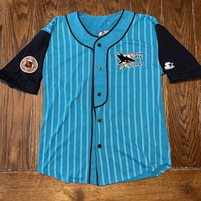 Vintage Starter San Jose Sharks NHL Teal Pinstripe Button-Up Jersey Shirt Large