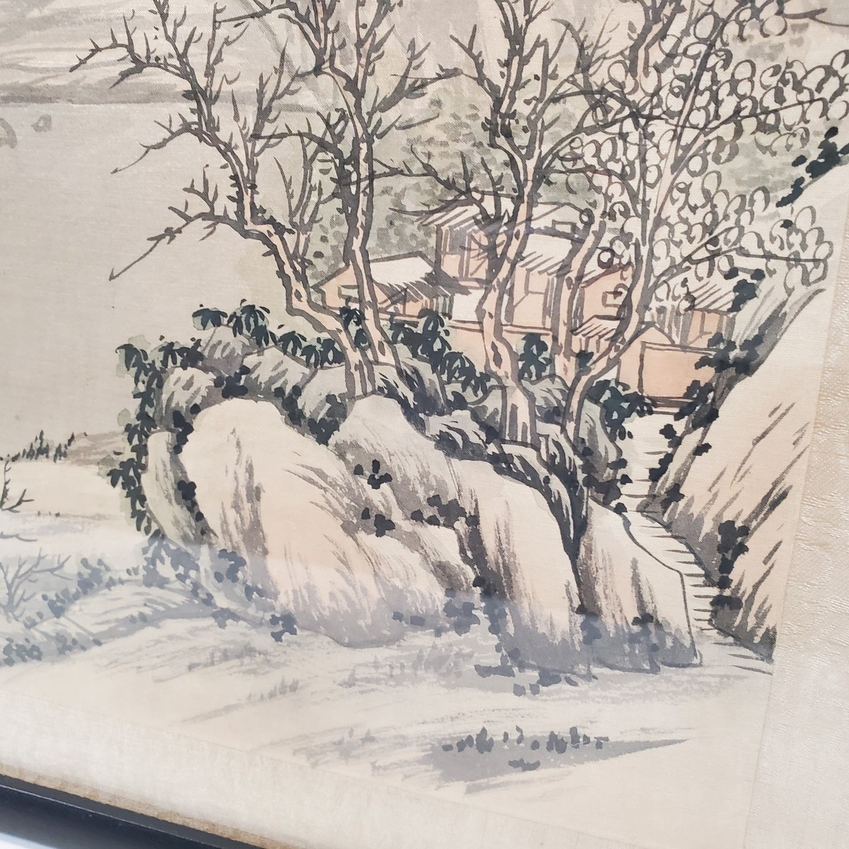 Vintage Chinese Shan Shui Silk Painting Landscape River Boat