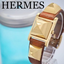 Authentic HERMES Medor Watch Gold Pyramid Stud White Dial Quartz Leather Strap