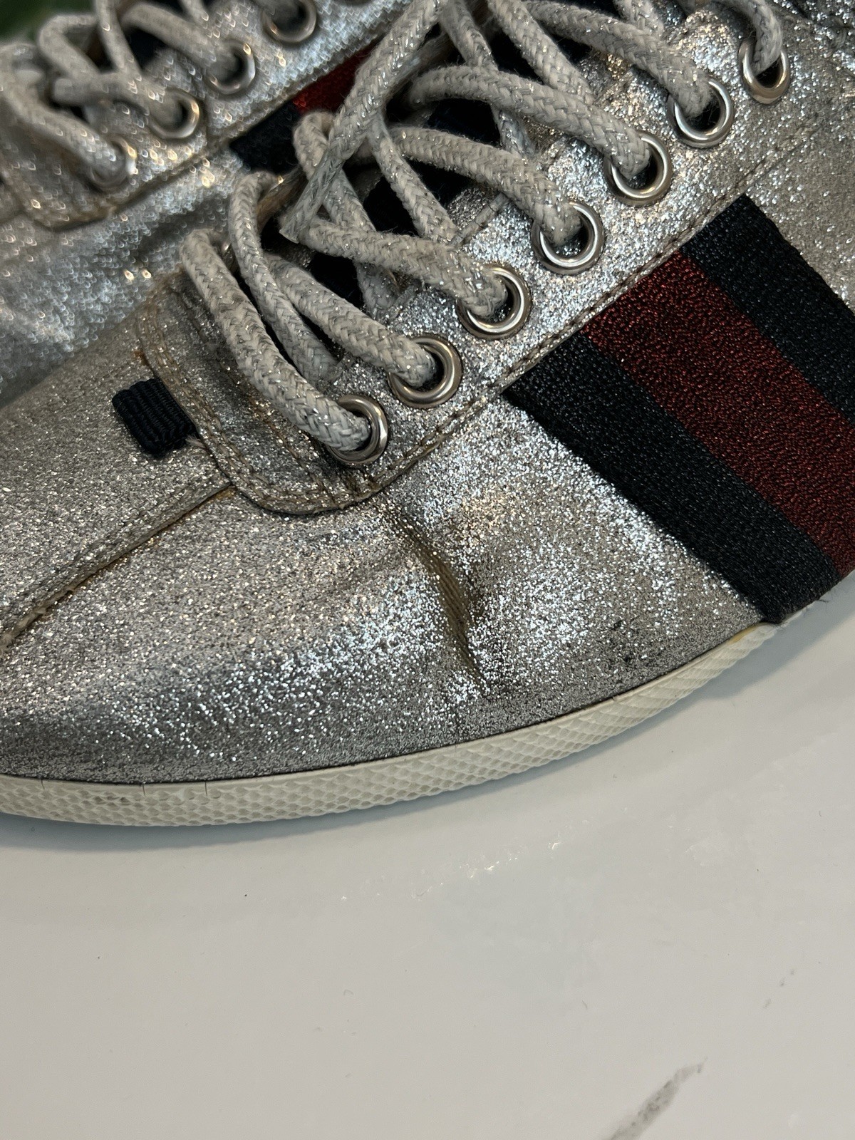 Gucci Sneakers Glitter Web Leather Silver Metallic High Top RARE 37.5 EU || 7US image 6
