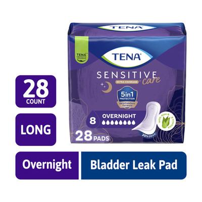 Tena Sensitive Care Extra Coverage Overnight Incontinence Pads for Women, 28 Ct