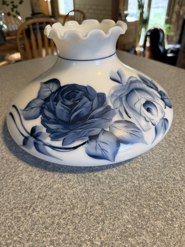 vtg GWTW Glass SHADE ONKY Hurricane Lamp Blue Roses FROSTED White 9 3/4" Fitter