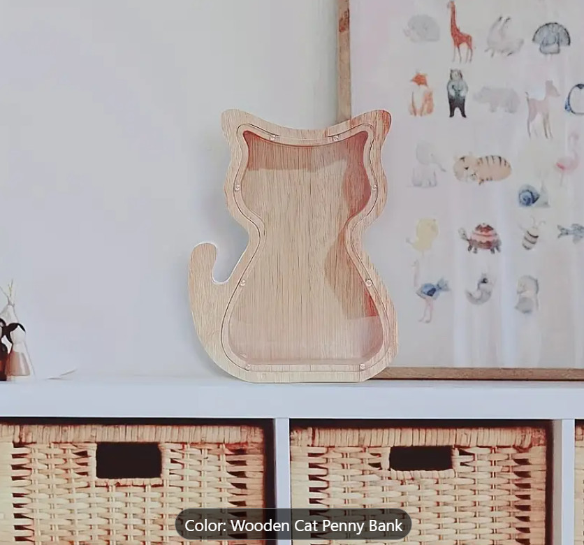 Wooden Cat-Animal Shaped Penny Bank with Clear Glass Lid Home Decor Gift