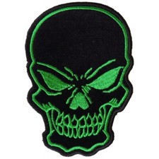 Embroidered Patch Iron-On , Green On Black Evil Skull, 3" x 4.25"