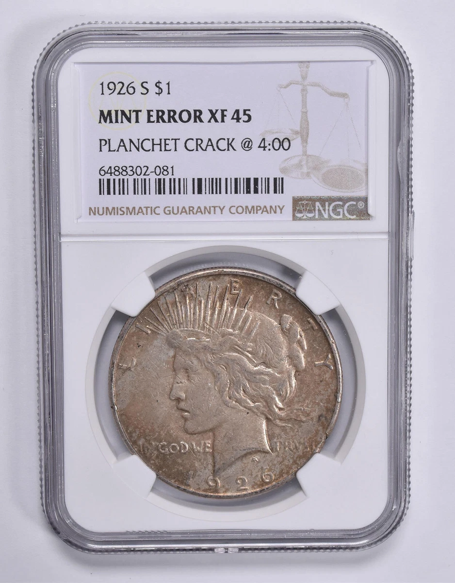 MINT ERROR XF45 1926-S Peace Silver Dollar Planchet Crack @4:00
