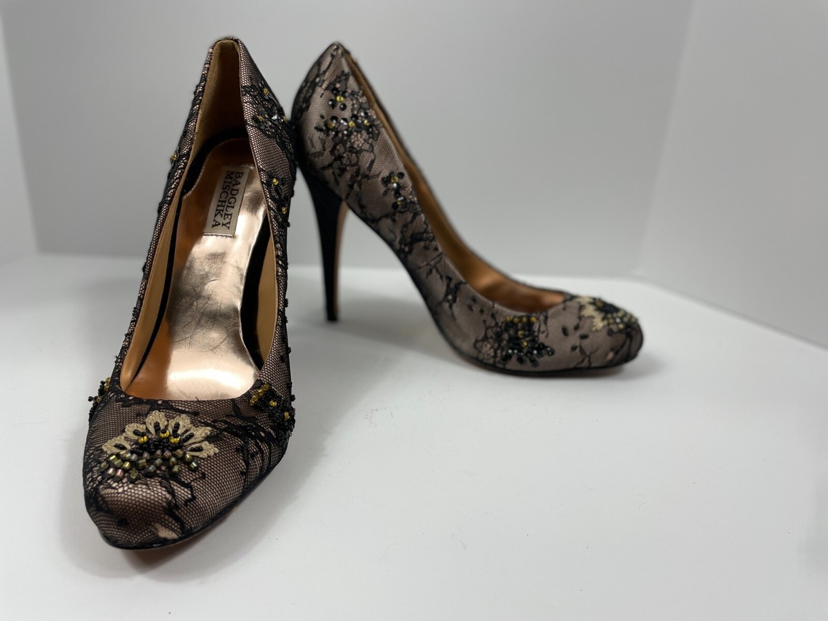 Badgley Mischka Sanoma Black Nude Bead Embellished Lace Pumps Heels - Size 10 View 4
