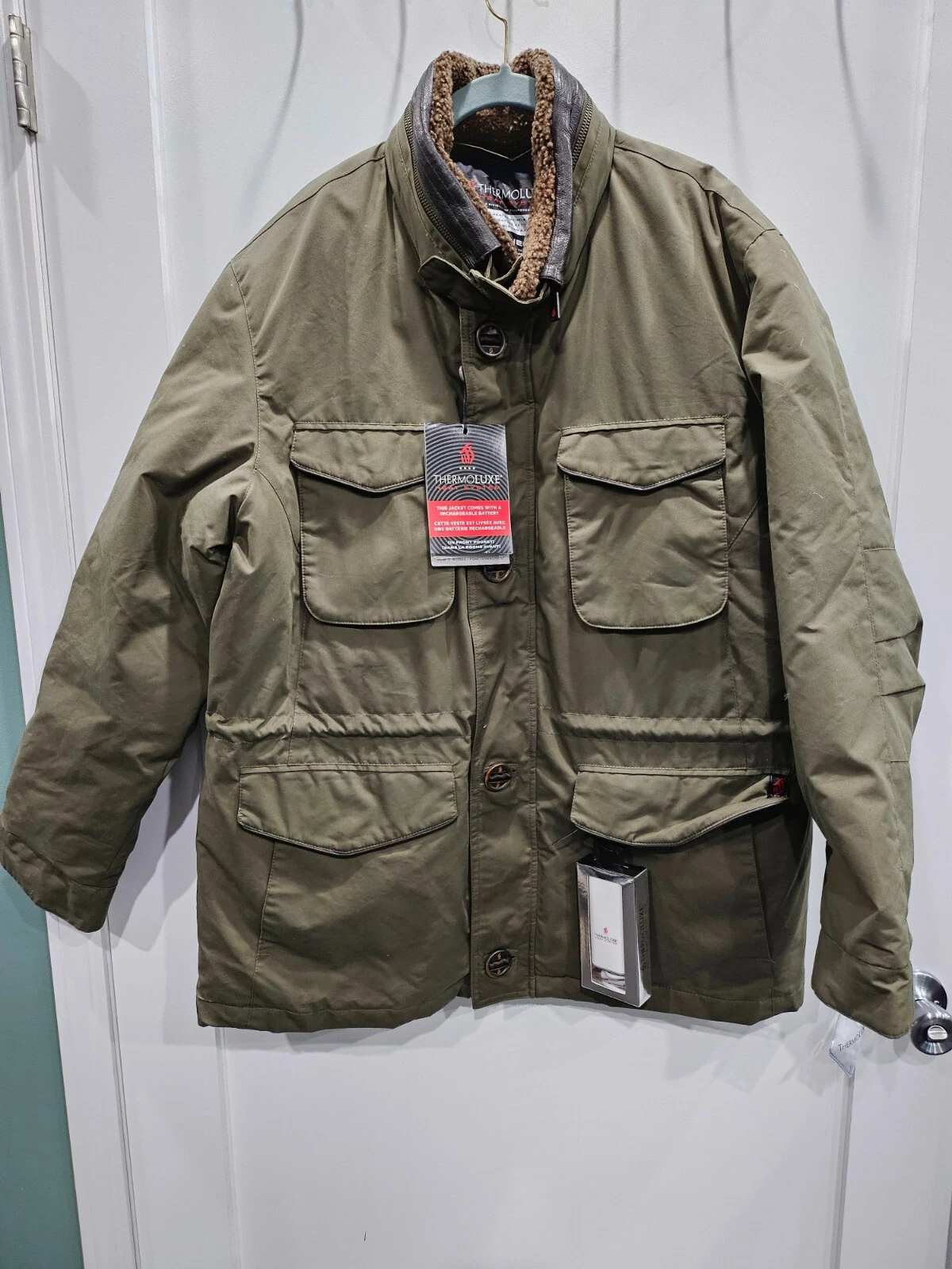 Thermoluxe by Rainforest Heated Jacket with Leather and Curly Lamb Fur NWT