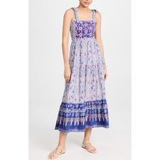 Bell 'Smocked' Midi Blue Dress Floral Embroidery Size M