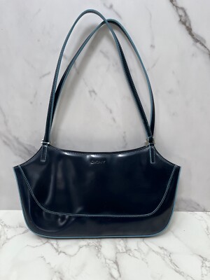 Vintage DKNY Blue Vegan Patent Faux Leather Retro City Shoulder Bag Purse