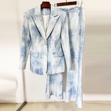 Womens Tie-dye Printing Slim Fit Blazer Office Trousers Suit Two-piece Set Pants