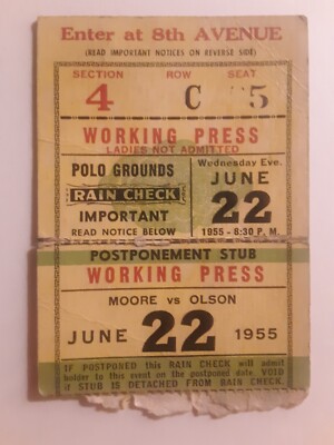 Archie Moore vs Carl Bobo Olson 1955 Boxing Ticket stub