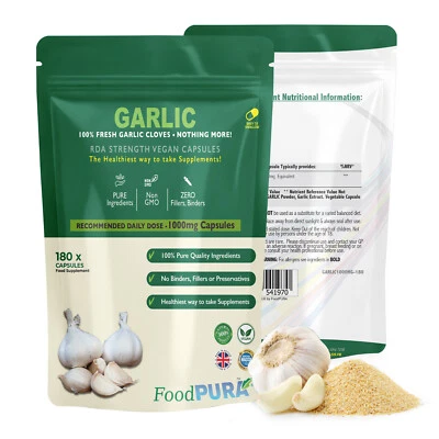 FOOD PURA 180 x 1000mg CLEAN Garlic Allicin Capsules Tasteless Super Strength Vegan