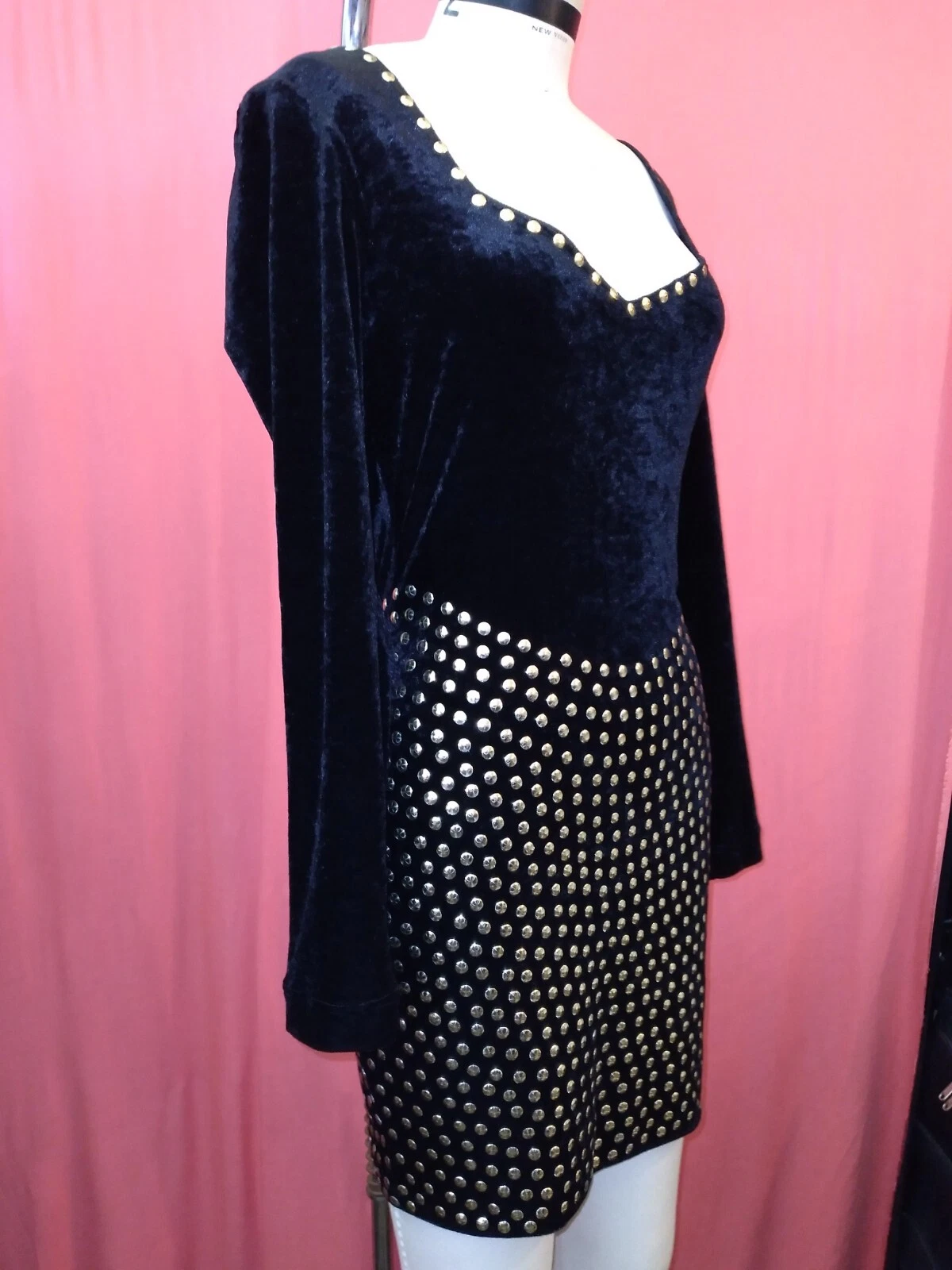 Mini abito vintage anni 80 90 MOSCHINO economico chic velluto borchie oro body con M