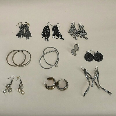 Vintage Lot of 10 Pairs of Pierced Earrings Dangle Hoop Silvertone Crystal T6
