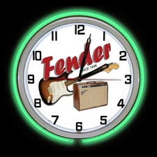 15" Fender Guitar Sign Green Double Neon Clock