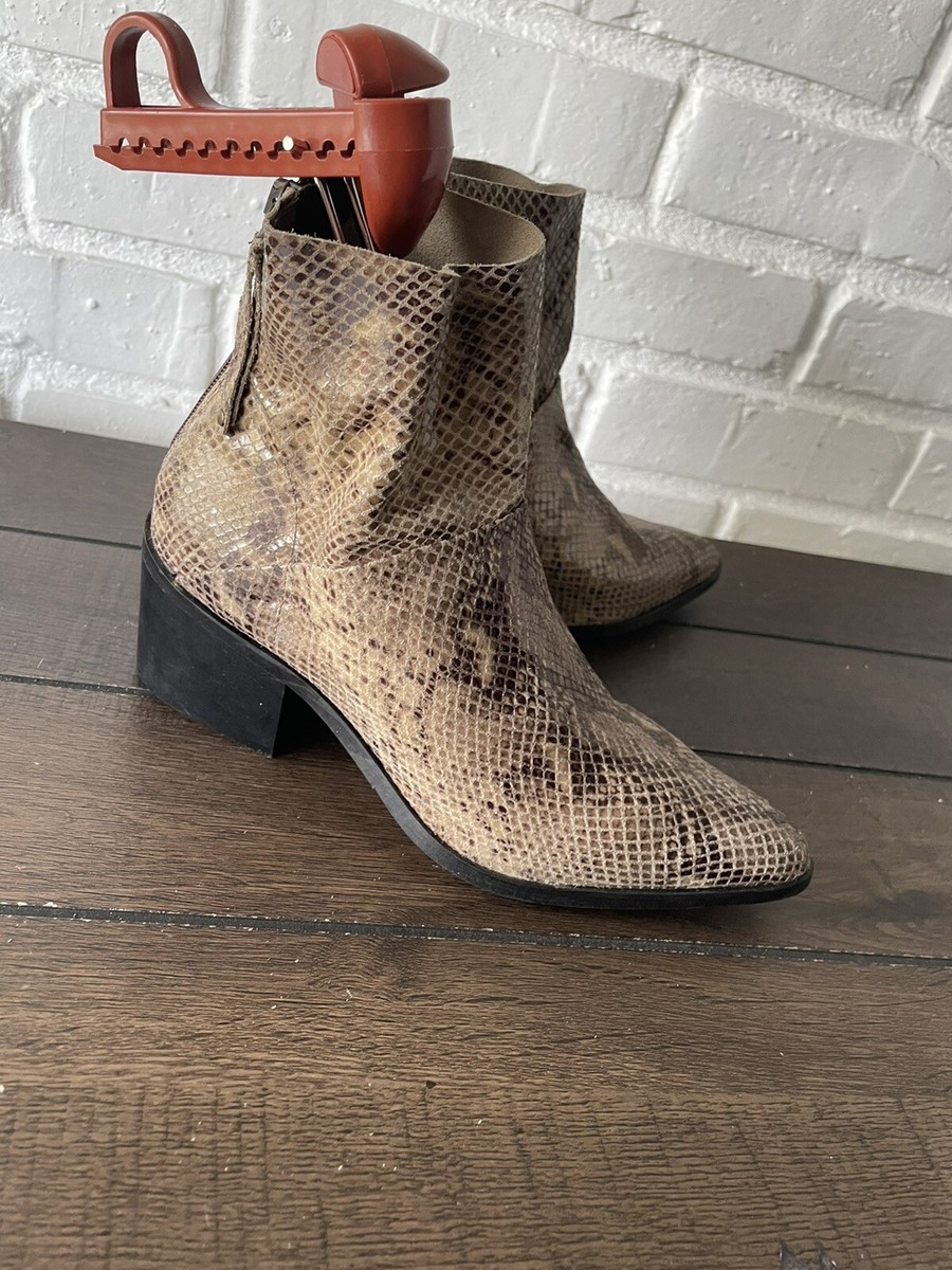 TopShop Brown Ivory Women Snake Print Zip Low Block Heel Boots