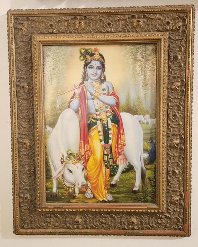Lord krishna with Flute and Cow Canvas Painting Photo Art Room Temple Spiritual