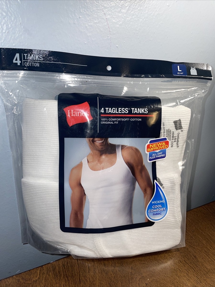HANES 4 TAGLESS TANKS W/WICKING COOL COMFORT FABRIC SIZE L 42-44