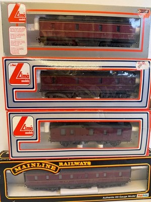 Lima/Mainline Spur OO BR/LMS weinrot Paketwagen Waggons mit 3 Gliederkupplungen x4