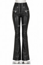 Women's Real Lambskin Leather Lace Up Flare Pants High Waist Bell Bottom Trouser