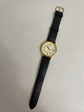 Lorus V515-8G68 34mm Gold Tone Quartz Watch w/Black Leather Band New Battery