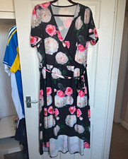 Simply Be Black Floral V-Neck Wrap Style Midi Dress Size 18