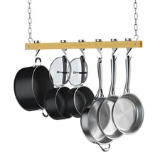 Ceiling Mounted Wooden Pot Rack, 36-Inch Single Bar for Kitchen Storage