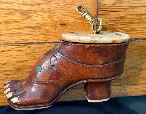 Antique 19th c. Anthromorphic Wood/Bone Treen Shoe Foot Snuff Box w/ Tiny Dice