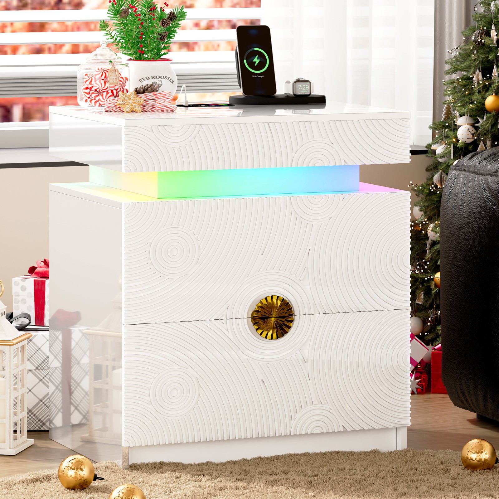 Gurexl RGB Nightstand with Charging Station, Bedside Table with Hidden Drawer