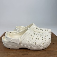 New Womens Crocs Classic Floral Cut Out Chalk Clogs Shoes Sandals Size 10