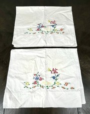 Lot Of 2 Vintage Homemade Pillow Cases Embroidered Flowers Birds Stain 