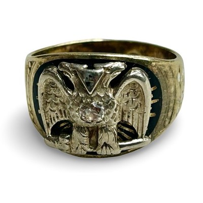 14K Gold Masonic Scottish Rite Shriner Ring Diamond Double Eagle Size 9