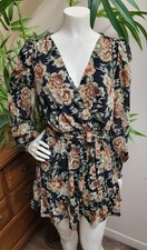 Pre-Owned Small Windsor Long Sleeve Black Green Tan Floral Skater Dress