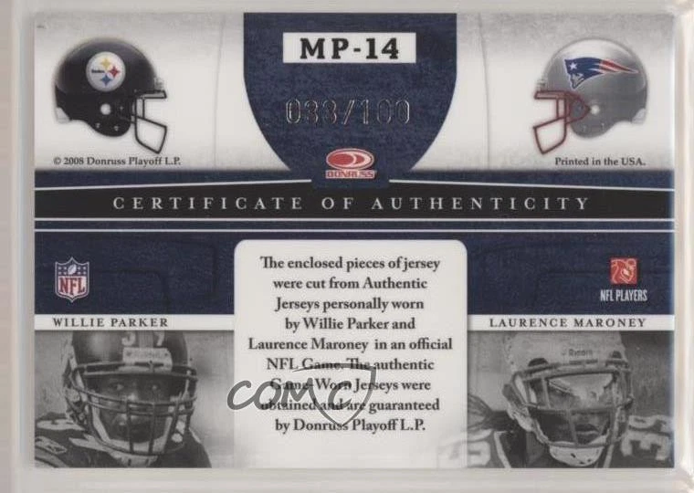 2008 Leaf Limited Matching Positions /100 Laurence Maroney Willie Parker #MP-14 - Image 2 of 2
