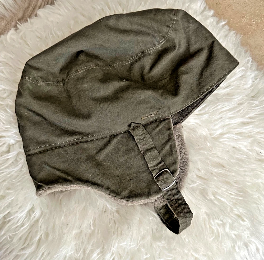 Men's Military Green Pilot Hat Grey Sheepskin Winter Size 59