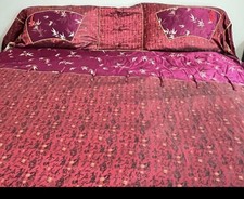 Asian Theme Silk Set Duvet 75 X 98” W/ Pillow Shams And Bed Skirts Burgundy Gold