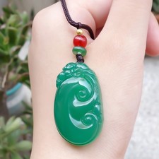Carving Natural Green Ice Jade Marrow Ruyi Jade Pendant Lucky Necklace Amulet